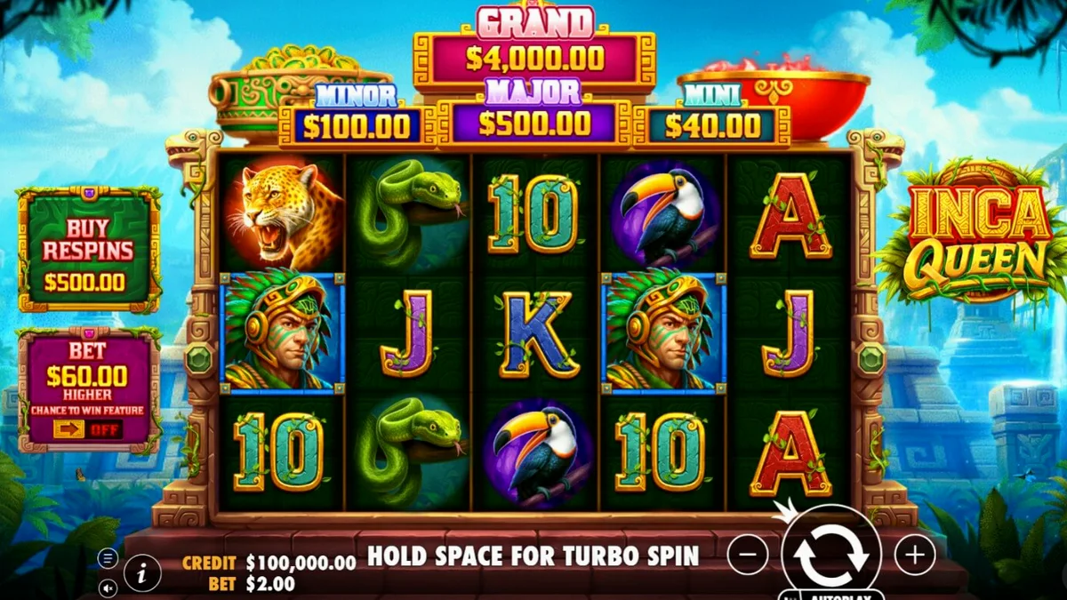 Tampilan visual slot Inca Queen dengan latar belakang kuil dan pegunungan.