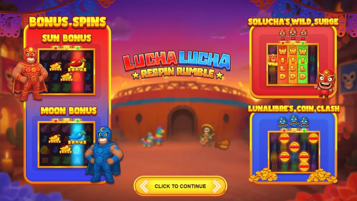 Tampilan visual slot Lucha Lucha Respin Rumble dengan tema gulat Meksiko yang penuh warna.