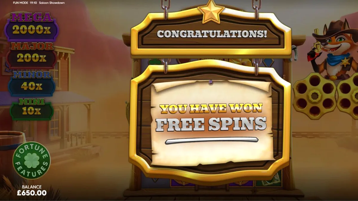 Tampilan antarmuka seluler slot Saloon Showdown 10,000x dengan karakter sheriff rubah